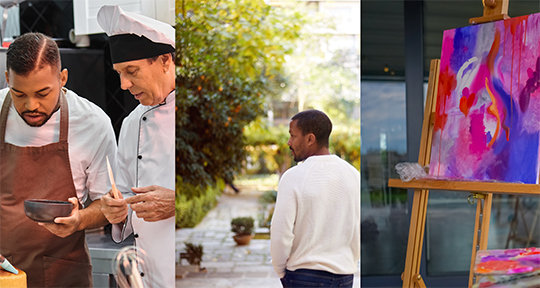 Collage of 3 images. 1st image has 2 men cooking together and conversing. 2nd image has man walking in front of tree. Third image is of an artistic abstract painting.
